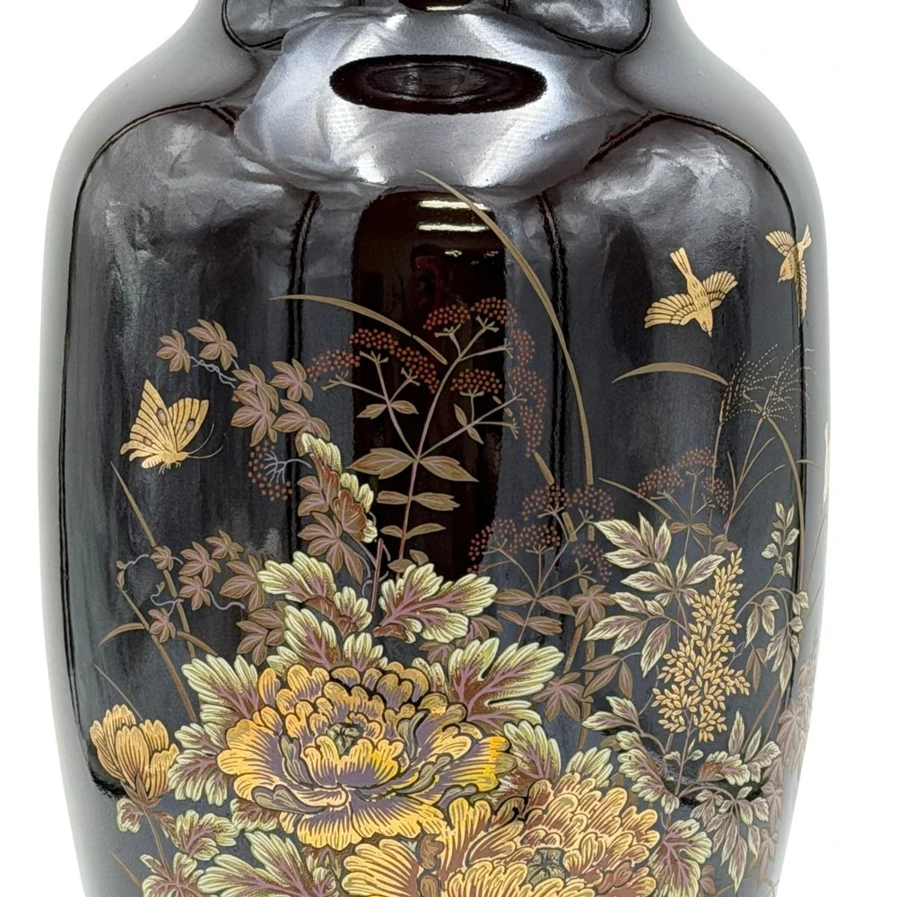 Vtg Japanese Shibata Style Gilded Floral Bird Ceramic Vase Dark Brown Gold 14in